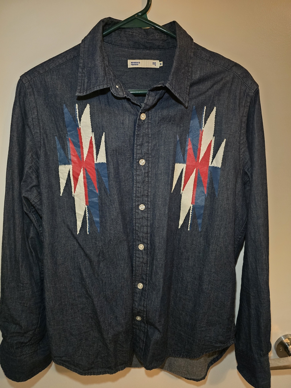 Men's Dark Blue Denim Button-Down Shirt with Red & White Geometric Embroidery